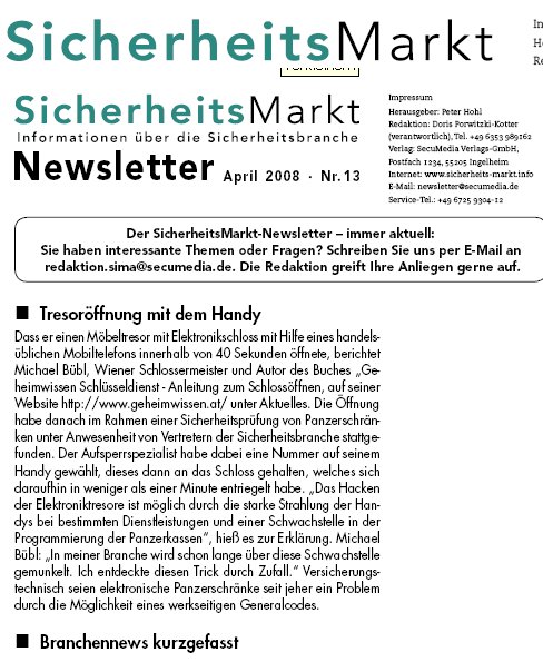 wik-newsletter Fachblatt Sicherheitsmarkt berichtet über Tresorknacken mit dem Mobiltelefon