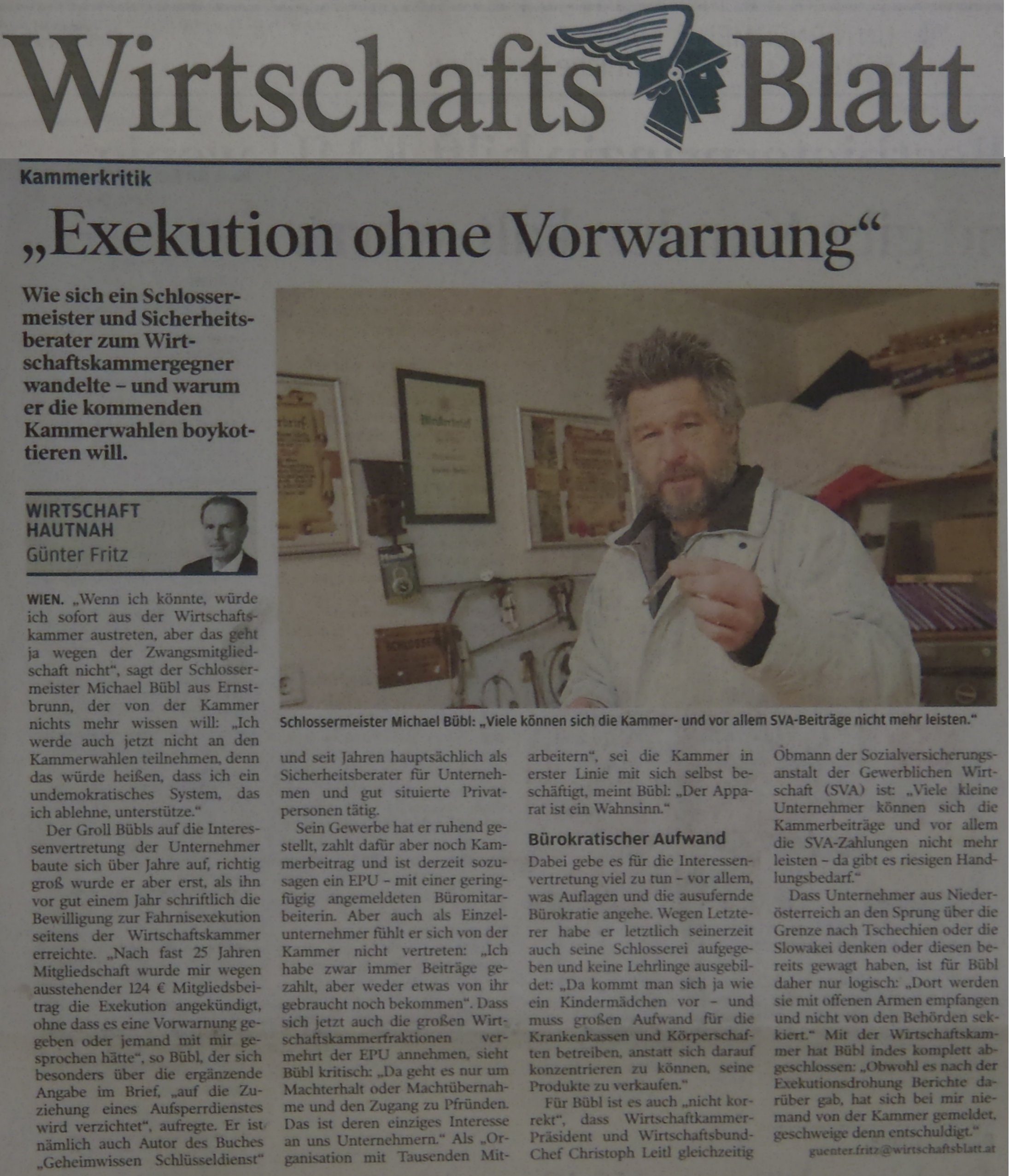 wirtschaftsblatt Ganzseitiger Artikel über die Pfändung von Michael Bübl im Wirtschaftsblatt