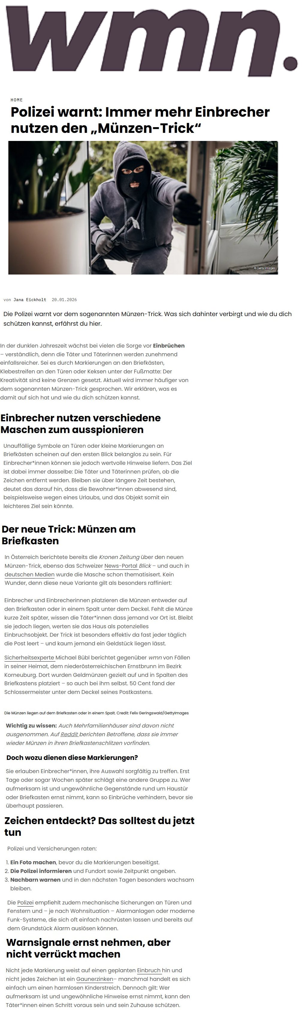 wmn-muenzeinbrecher WMN Funke berichtet über den Münzen-Einbrecher. Einbrecher und Kriminelle legen Münzen auf den Postkasten